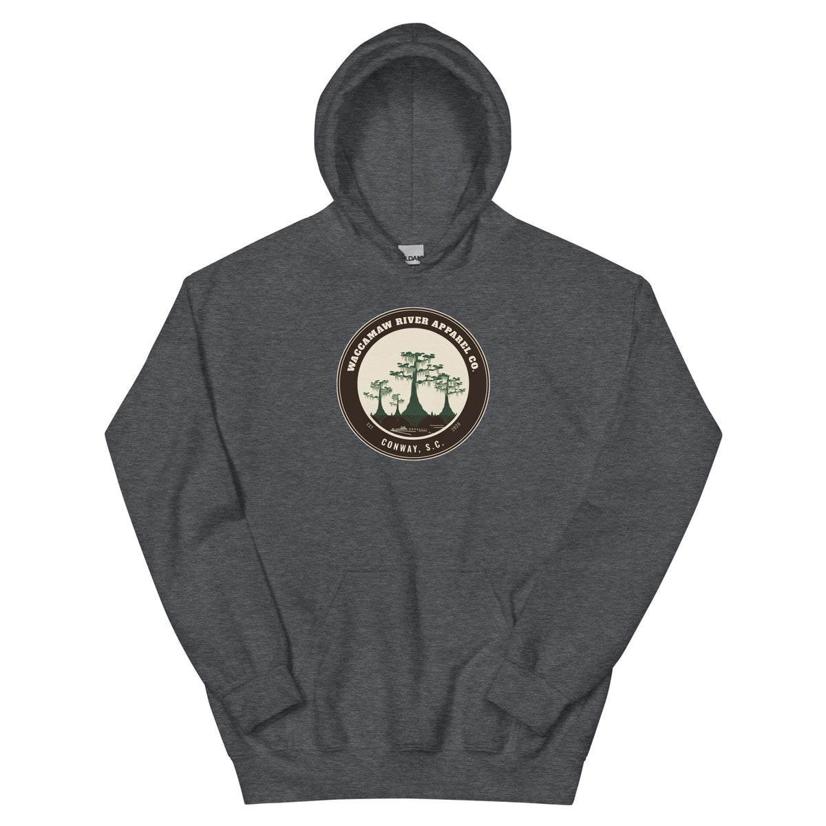 Waccamaw River Circle Badge Hoodie, Dark Heather, front