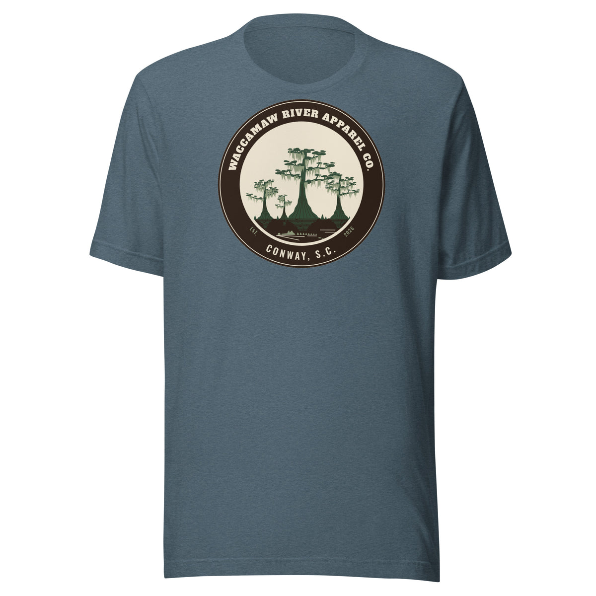 Waccamaw River Circle Badge Tee, Heather Slate, front